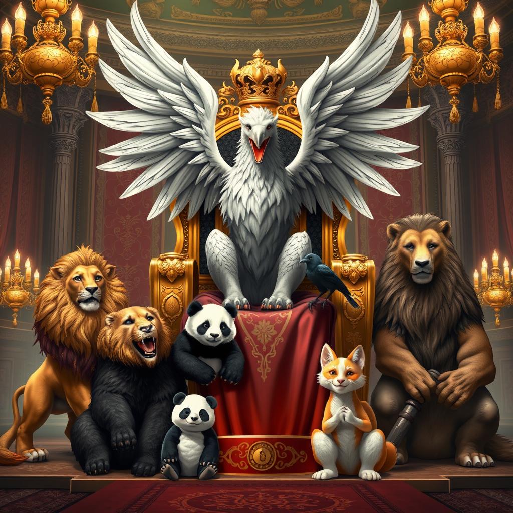 A majestic griffin sitting regally on a grand throne made of gold and stone, surrounded by its animal ministers