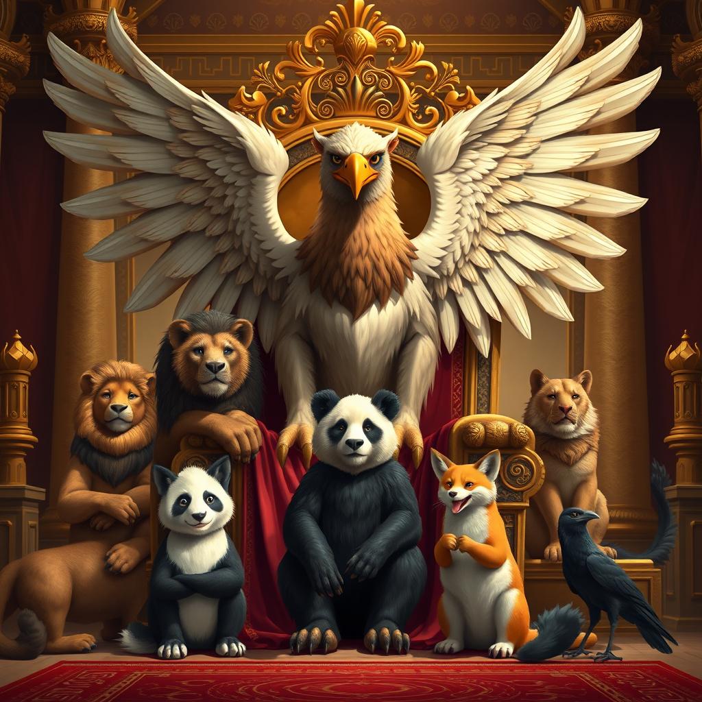A majestic griffin sitting on a grand, ornate throne, exuding authority and wisdom