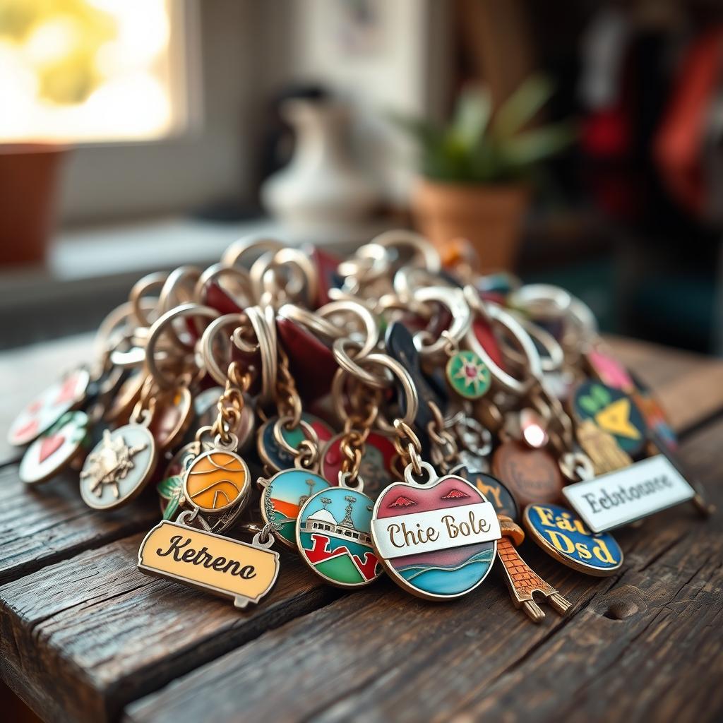 A close-up shot of a collection of vibrant, beautifully designed keychains displayed on a rustic wooden table