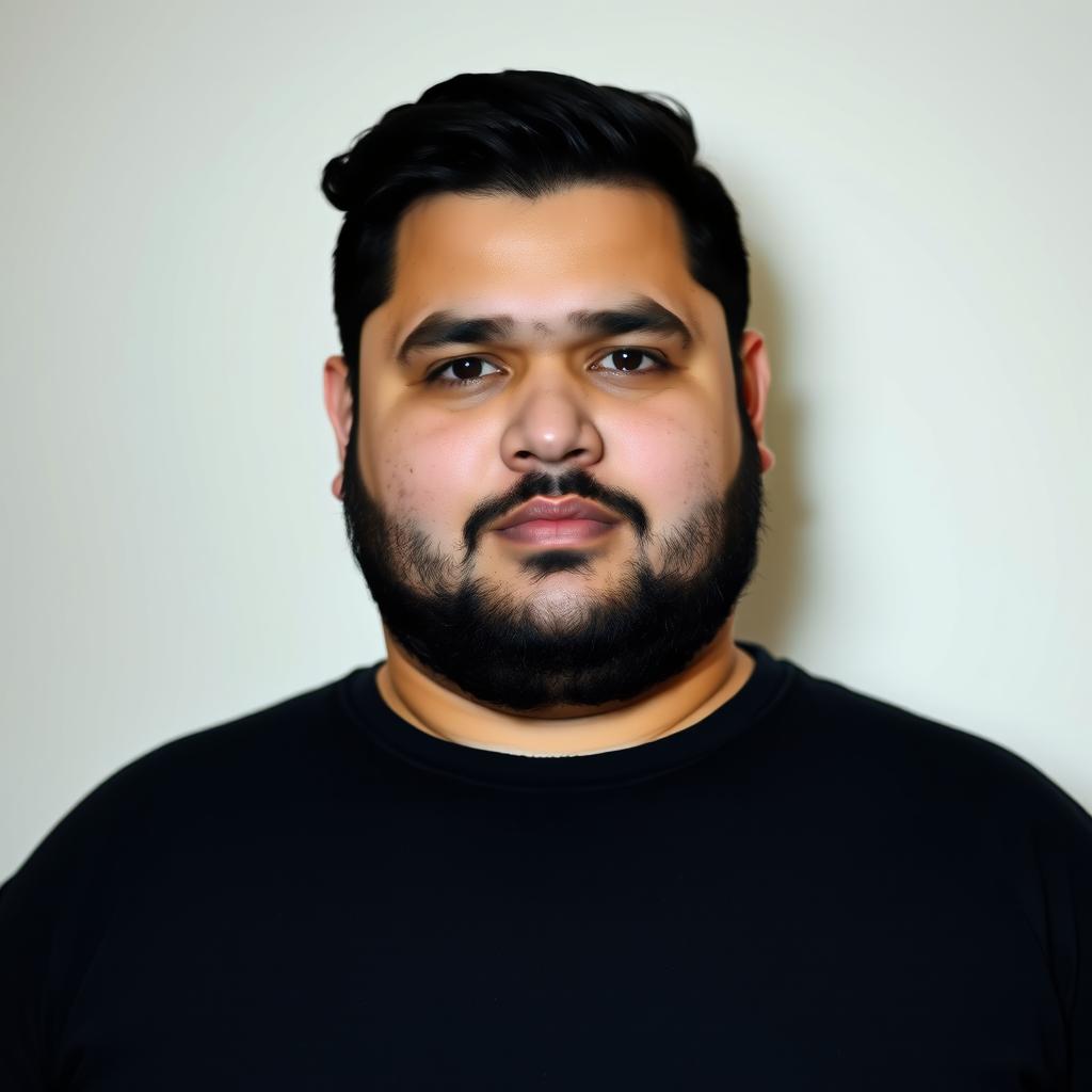 A portrait of a 23-year-old male with an obese physique, standing at 168 cm tall