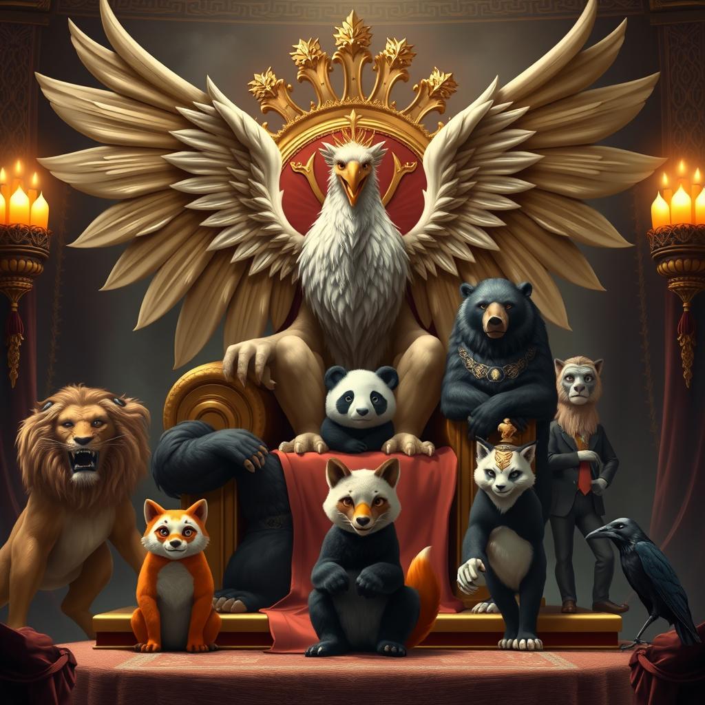 A majestic griffin seated regally on a grand golden throne, exuding an aura of power and authority