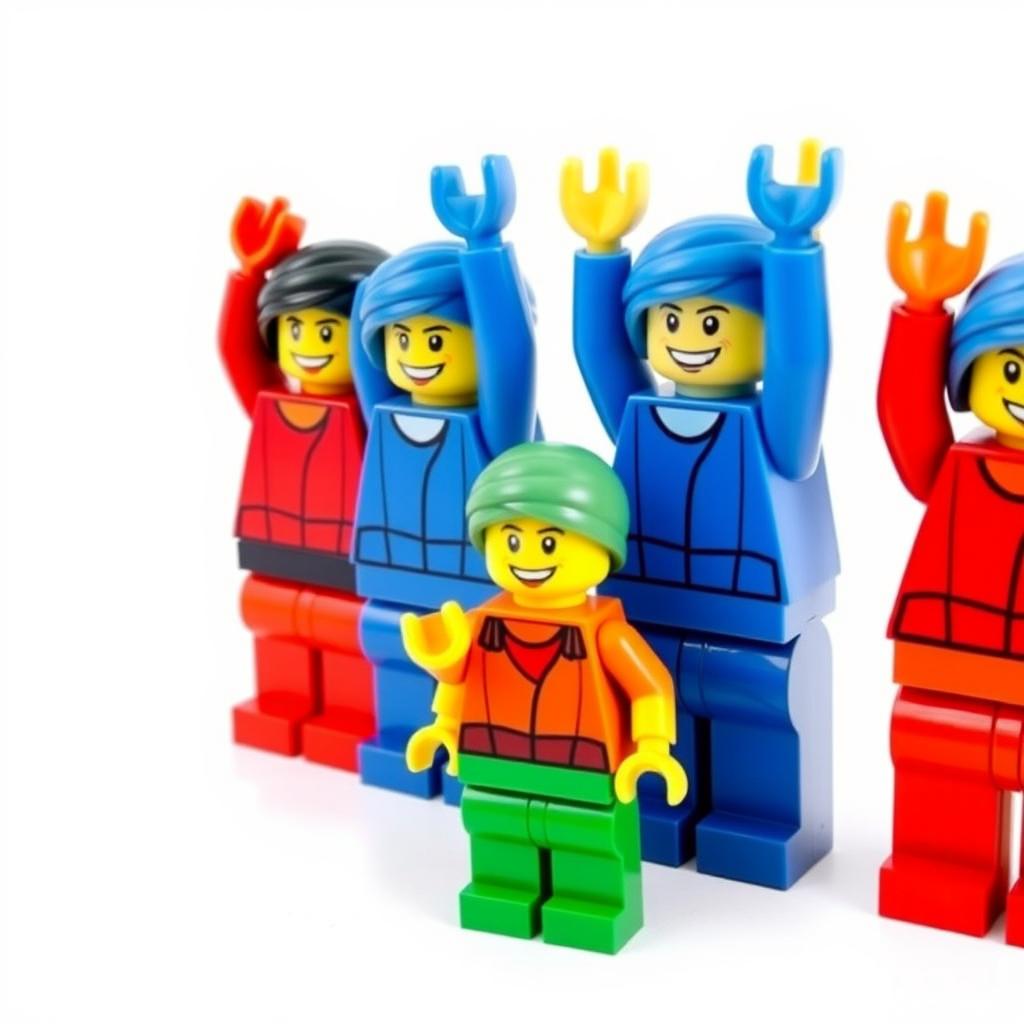 Four identical LEGO figures are cheerfully raising their left hands up in a happy pose