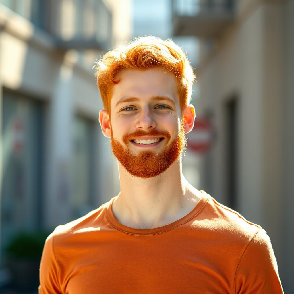 A slim young man, aged 22, with bright red hair and a full yet light beard