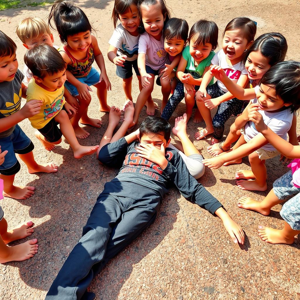 A chaotic scene on the ground where a 16-year-old boy is lying down, covering his face
