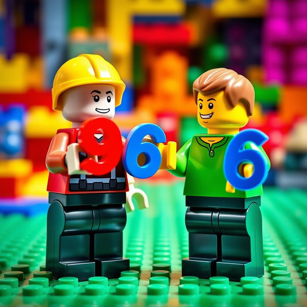 Two LEGO figurines standing opposite each other, one figurine holding a bright red '9' in its hand and the other figurine holding a blue '6'