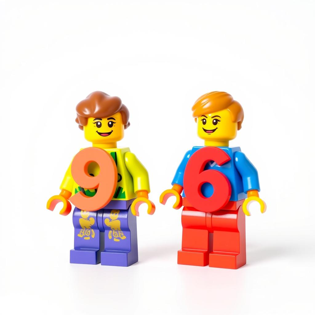 Two colorful LEGO figurines standing opposite each other, one holding a large '9' in its hand and the other holding a '6'