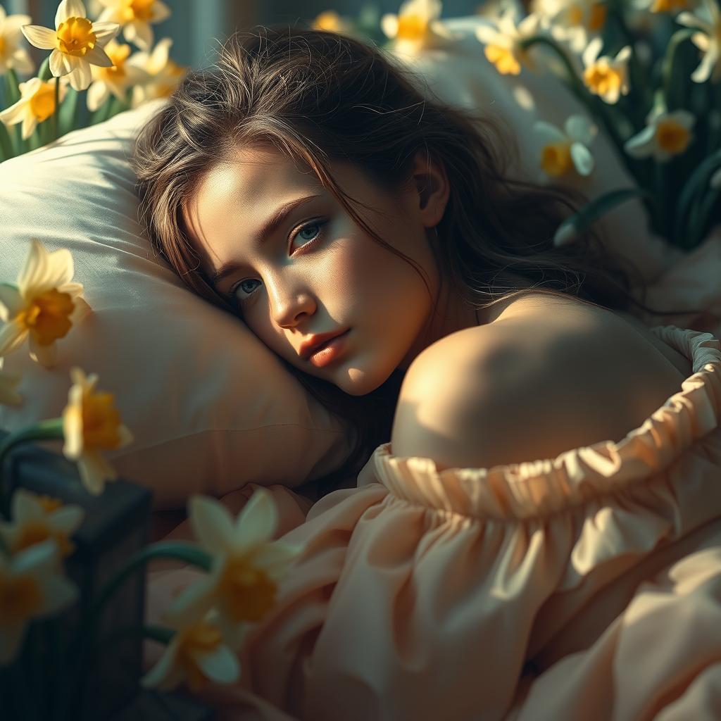 A dreamy scene featuring a beautiful young woman, her head resting on a delicate, soft pillow as she lies comfortably under a lavish, flowing nightgown