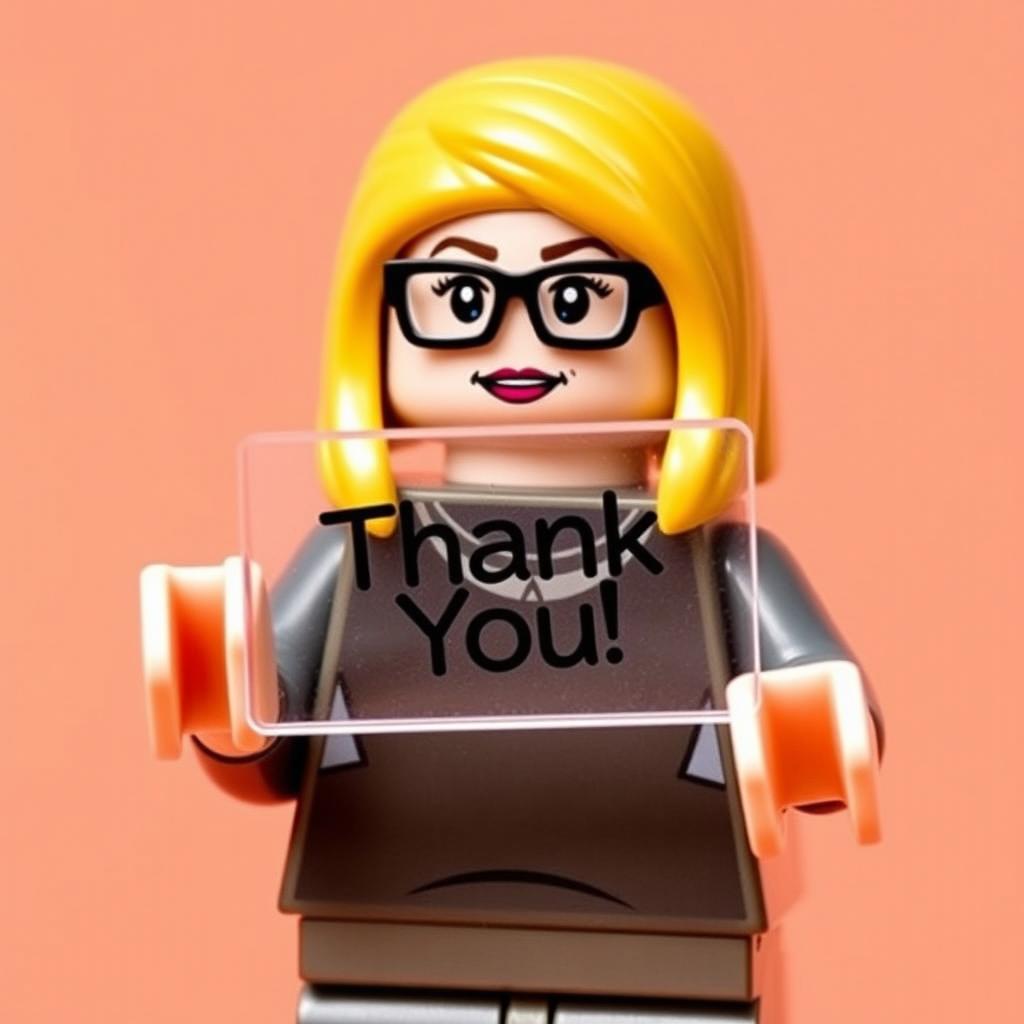 A woman LEGO figurine with blonde straight medium-length hair and glasses is holding a transparent 'Thank You' sign