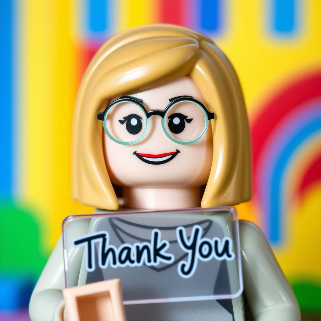 A woman LEGO figurine with blonde straight medium-length hair and round glasses