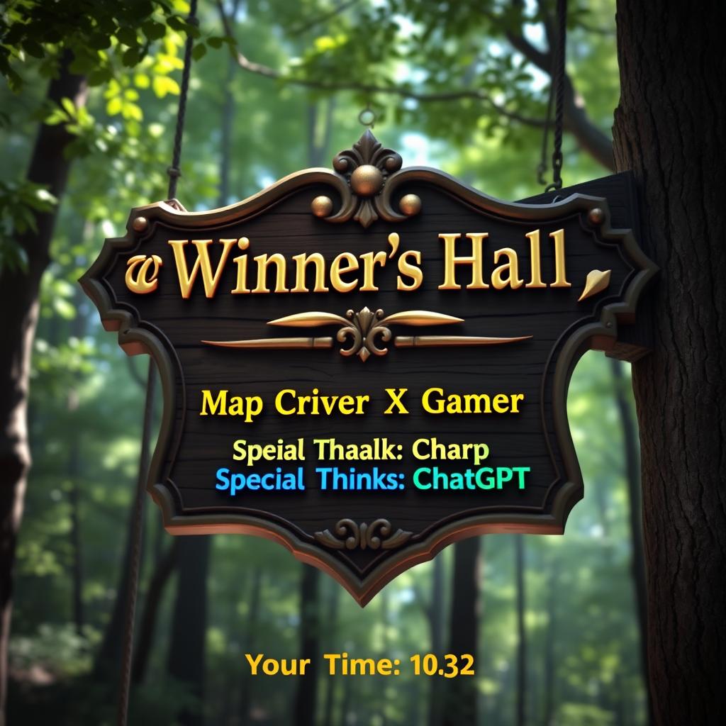 An intricately designed oak sign featuring the title '🏆 Winner's Hall 🏆' in shiny gold, with ornate detailing around the edges