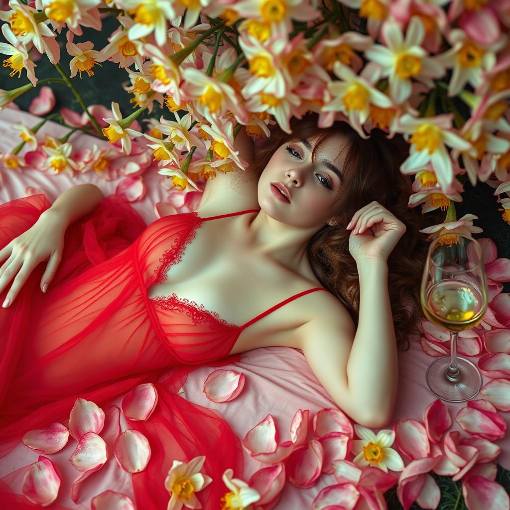 A mesmerizing scene featuring a young woman lying gracefully under a blooming narcissus bush, dressed in a thin, translucent red nightgown that elegantly contours her body