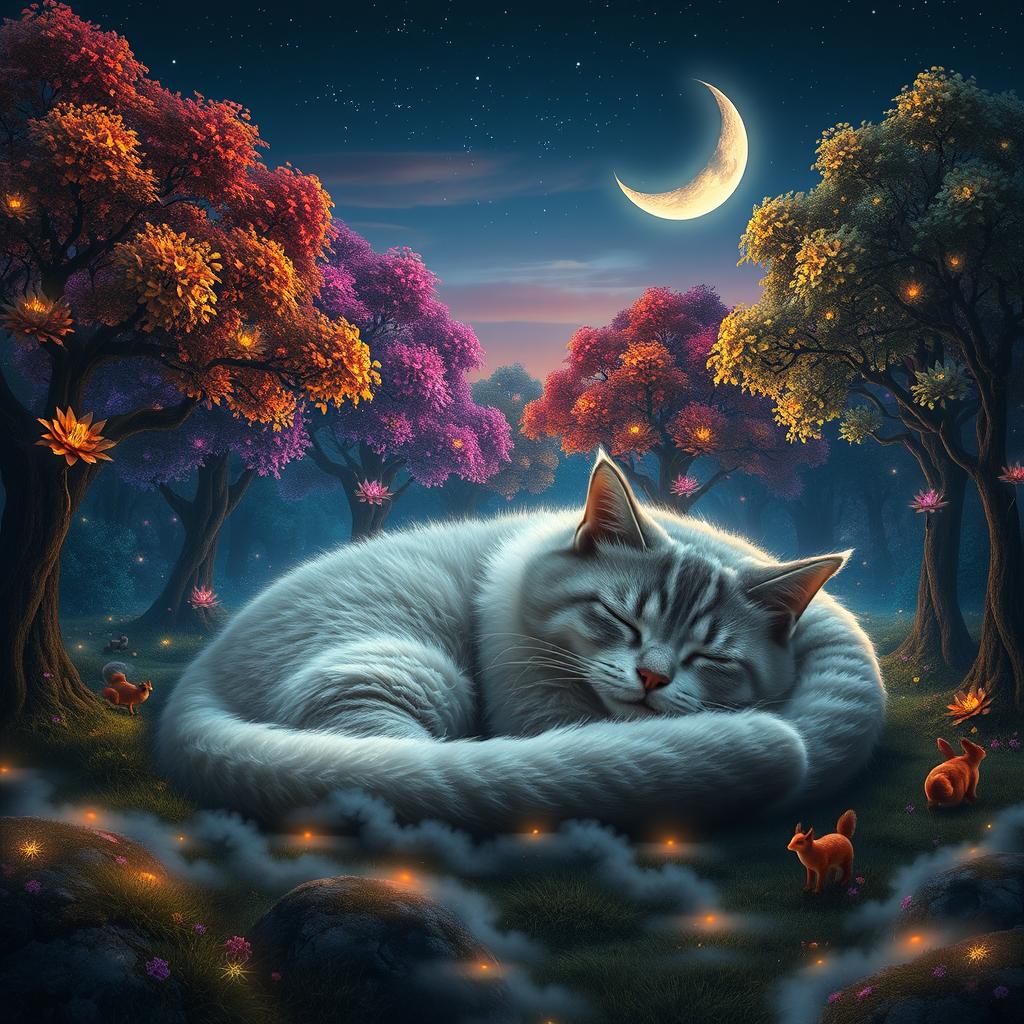A surreal landscape featuring a giant, sleeping cat surrounded by a lush, magical forest at twilight