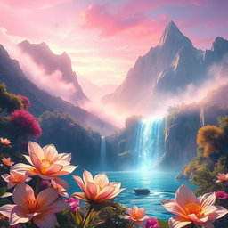An ethereal and dreamy fantasy landscape with vibrant colors, featuring a cascading waterfall surrounded by lush, surreal flora