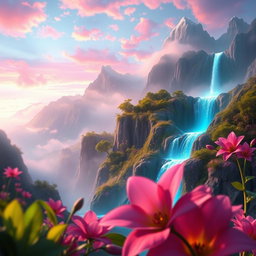 An ethereal and dreamy fantasy landscape with vibrant colors, featuring a cascading waterfall surrounded by lush, surreal flora