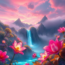 An ethereal and dreamy fantasy landscape with vibrant colors, featuring a cascading waterfall surrounded by lush, surreal flora