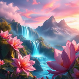 An ethereal and dreamy fantasy landscape with vibrant colors, featuring a cascading waterfall surrounded by lush, surreal flora