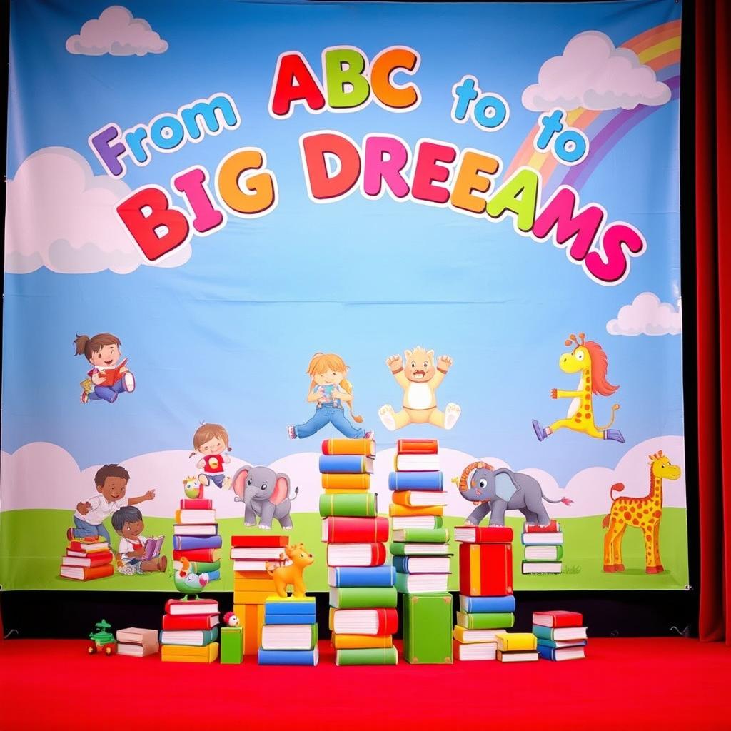 A vibrant stage backdrop illustrating a theme of 'From ABC to Big Dreams', showcasing a whimsical learning environment for children