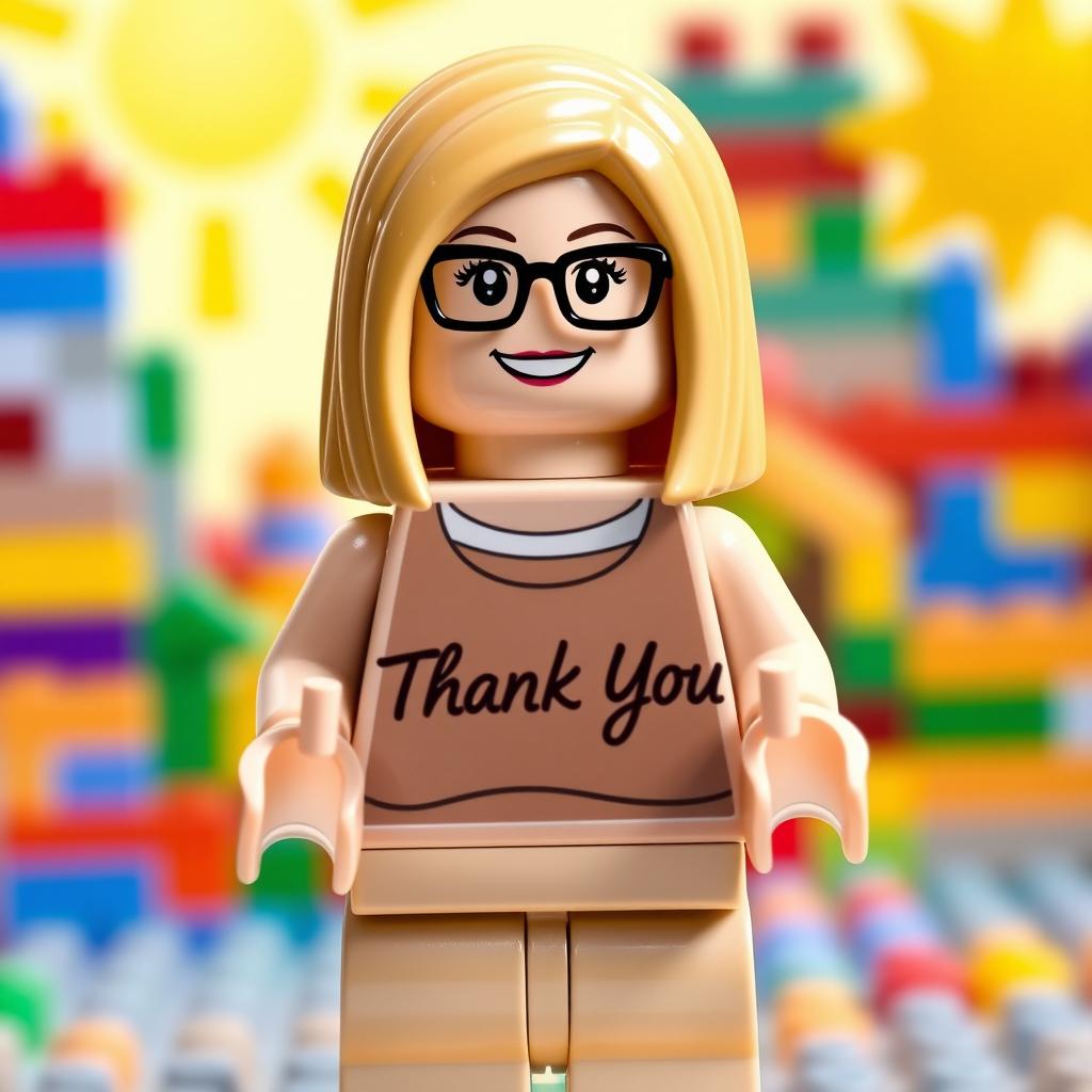 A cheerful woman LEGO figurine, featuring straight medium-length blond hair and stylish glasses
