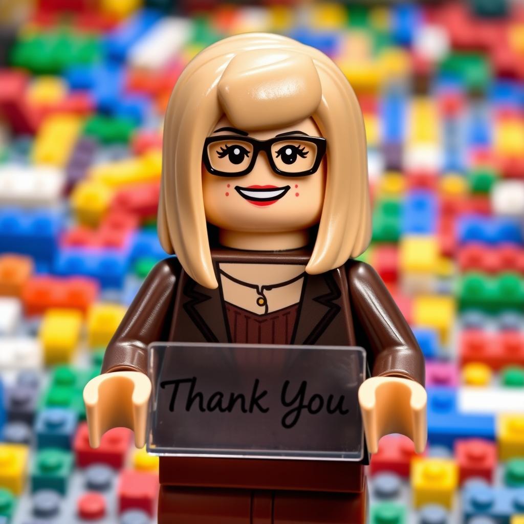 A charming woman LEGO figurine, showcasing straight medium-length blond hair and fashionable glasses