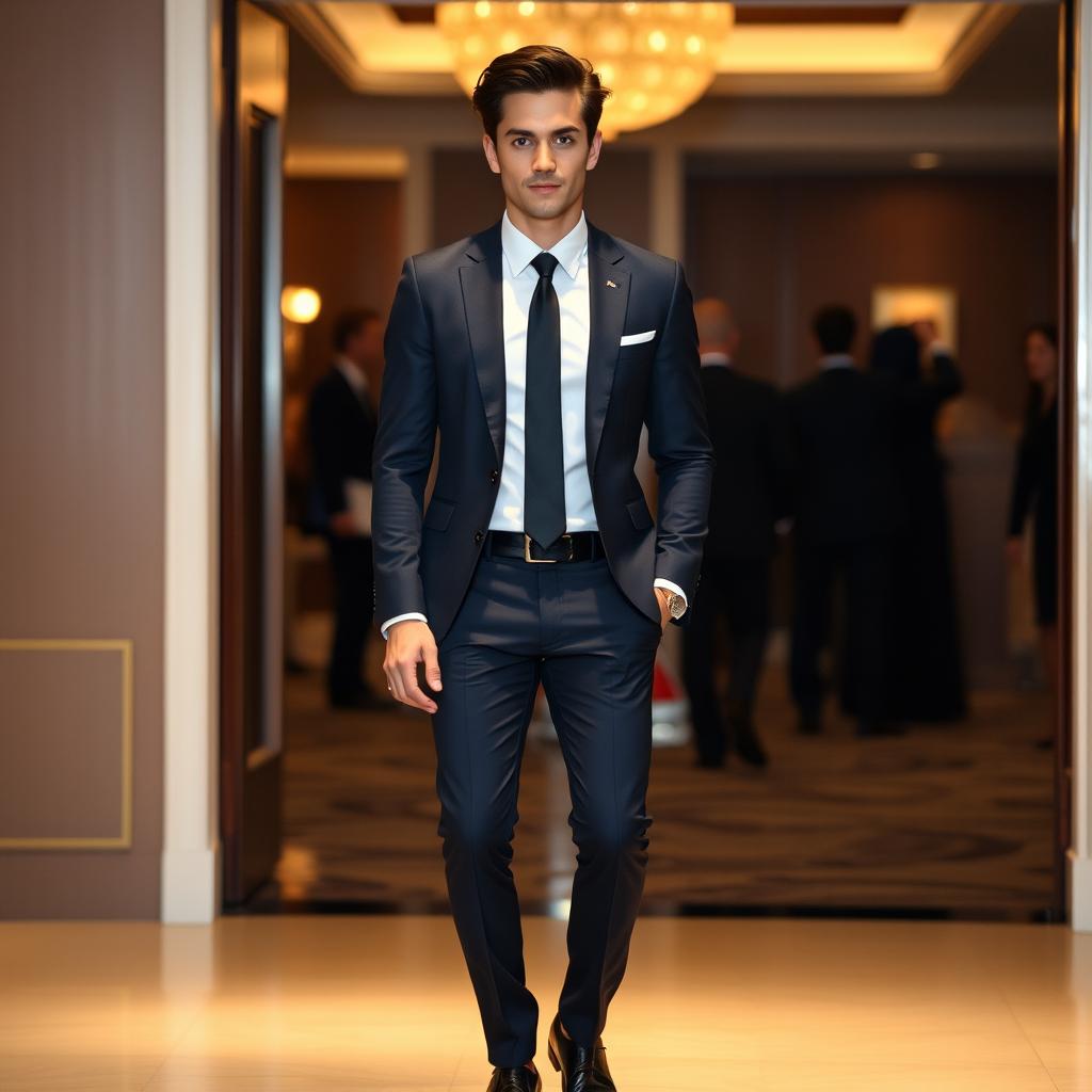 A stylish individual dressed in formal attire, featuring a tailored dark navy suit with a crisp white dress shirt and a sophisticated black tie