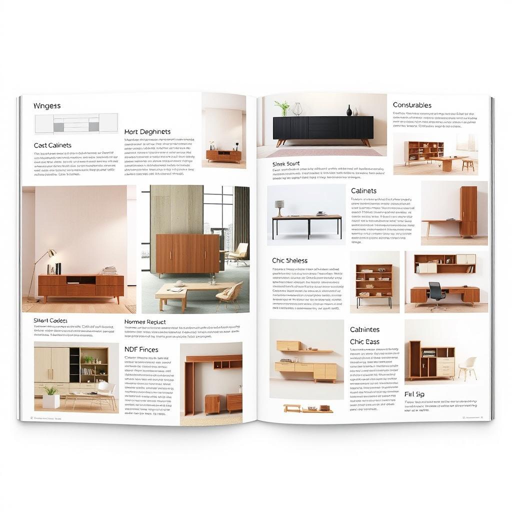 An elegant and modern presentation catalog of custom-designed furniture made from NDF (Non-Dimensional Fiberboard), showcasing an array of stylish furniture pieces including sleek cabinets, contemporary desks, and chic shelves
