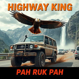 A rugged 3-door Toyota Land Cruiser 4WD, covered in mud, powers down a highway as part of a convoy