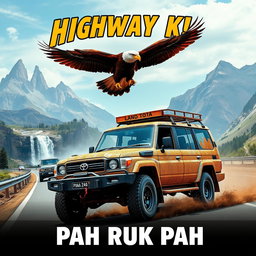 A rugged 3-door Toyota Land Cruiser 4WD, covered in mud, powers down a highway as part of a convoy