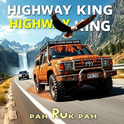 A rugged 3-door Toyota Land Cruiser 4WD, covered in mud, powers down a highway as part of a convoy