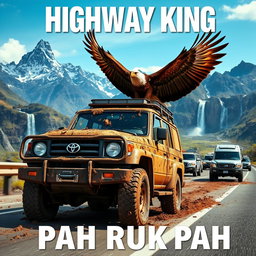 A rugged 3-door Toyota Land Cruiser 4WD, completely covered in mud, driving on a highway as part of a convoy