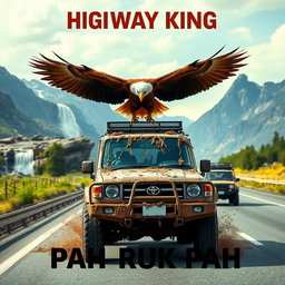 A rugged 3-door Toyota Land Cruiser 4WD, completely covered in mud, driving on a highway as part of a convoy