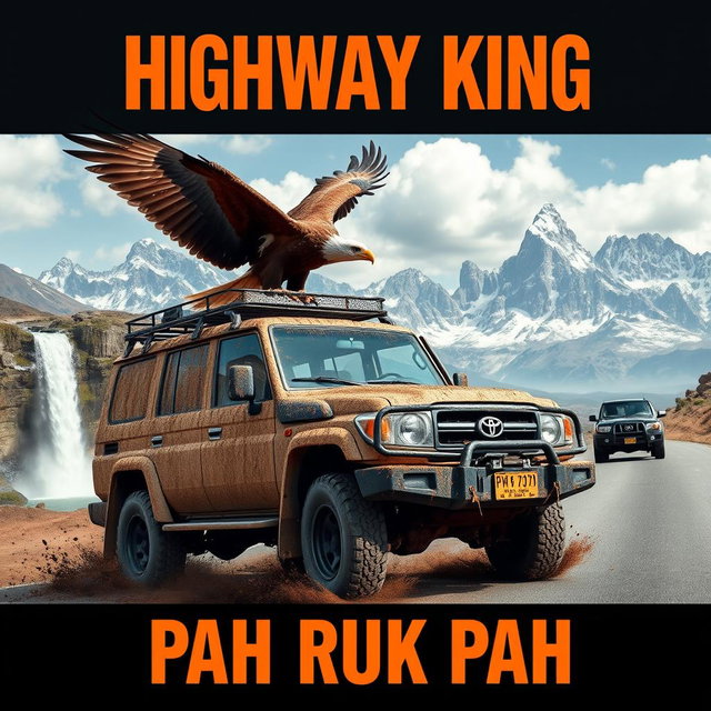 A rugged 3-door Toyota Land Cruiser 4WD, completely covered in mud, driving on a highway as part of a convoy