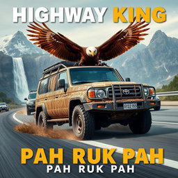 A rugged 3-door Toyota Land Cruiser 4WD, completely covered in mud, driving on a highway as part of a convoy