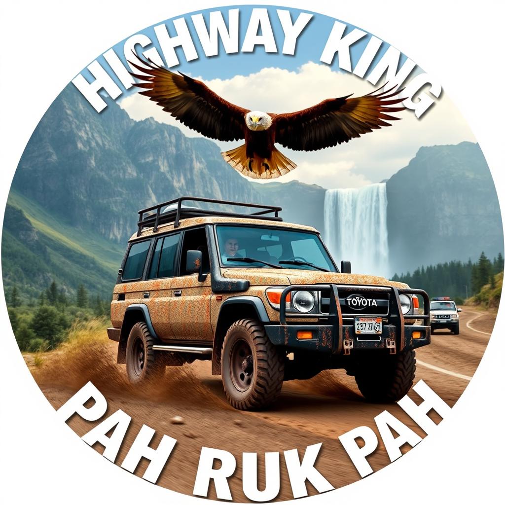 A stunning circle-shaped image featuring a rugged 3-door Toyota Land Cruiser 4WD covered in mud, cruising along a highway as part of a convoy