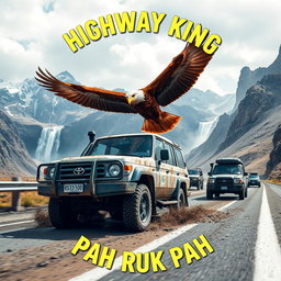 A stunning circle-shaped image featuring a rugged 3-door Toyota Land Cruiser 4WD covered in mud, cruising along a highway as part of a convoy