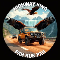 A stunning circle-shaped image featuring a rugged 3-door Toyota Land Cruiser 4WD covered in mud, cruising along a highway as part of a convoy