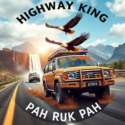 A stunning circle-shaped image featuring a rugged 3-door Toyota Land Cruiser 4WD covered in mud, cruising along a highway as part of a convoy