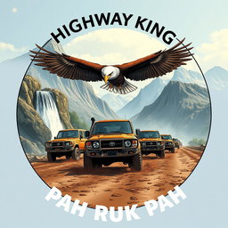 A stunning circle-shaped illustration featuring a convoy of double cab Toyota Land Cruiser 4WD 75 series vehicles covered in mud, making their way down a highway