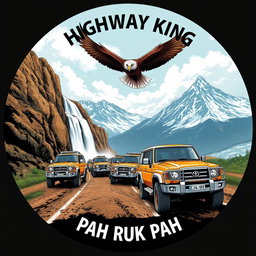 A stunning circle-shaped illustration featuring a convoy of double cab Toyota Land Cruiser 4WD 75 series vehicles covered in mud, making their way down a highway