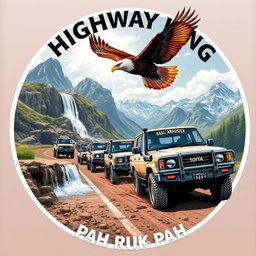 A stunning circle-shaped illustration featuring a convoy of double cab Toyota Land Cruiser 4WD 75 series vehicles covered in mud, making their way down a highway