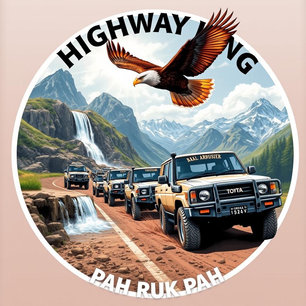 A stunning circle-shaped illustration featuring a convoy of double cab Toyota Land Cruiser 4WD 75 series vehicles covered in mud, making their way down a highway