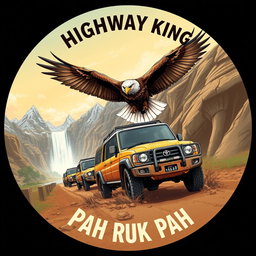 A stunning circle-shaped illustration featuring a convoy of double cab Toyota Land Cruiser 4WD 75 series vehicles covered in mud, making their way down a highway