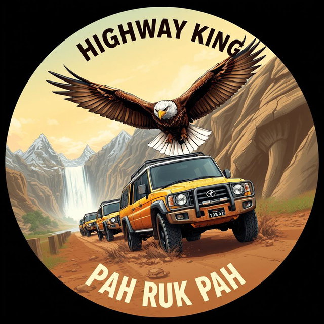 A stunning circle-shaped illustration featuring a convoy of double cab Toyota Land Cruiser 4WD 75 series vehicles covered in mud, making their way down a highway