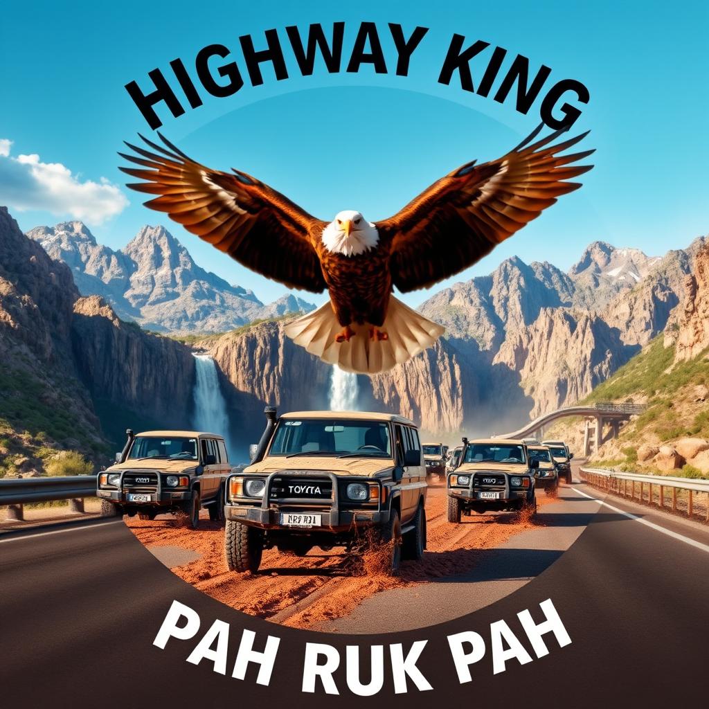 A dramatic circular image featuring a convoy of double cab Toyota Land Cruiser 4WD 75 series vehicles all covered in mud, navigating a highway