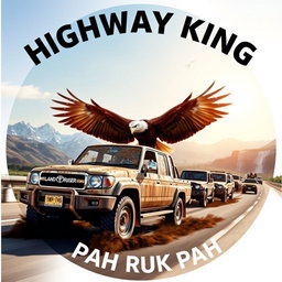 A circular image of a double cab Toyota Land Cruiser 4WD 75 series covered in mud, driving on a highway as part of a convoy