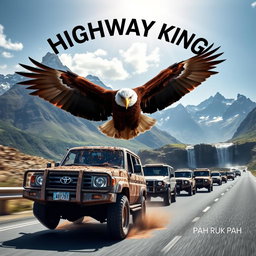 A circular image of a double cab Toyota Land Cruiser 4WD 75 series covered in mud, driving on a highway as part of a convoy