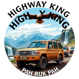 A circular image of a double cab Toyota Land Cruiser 4WD 75 series covered in mud, driving on a highway as part of a convoy