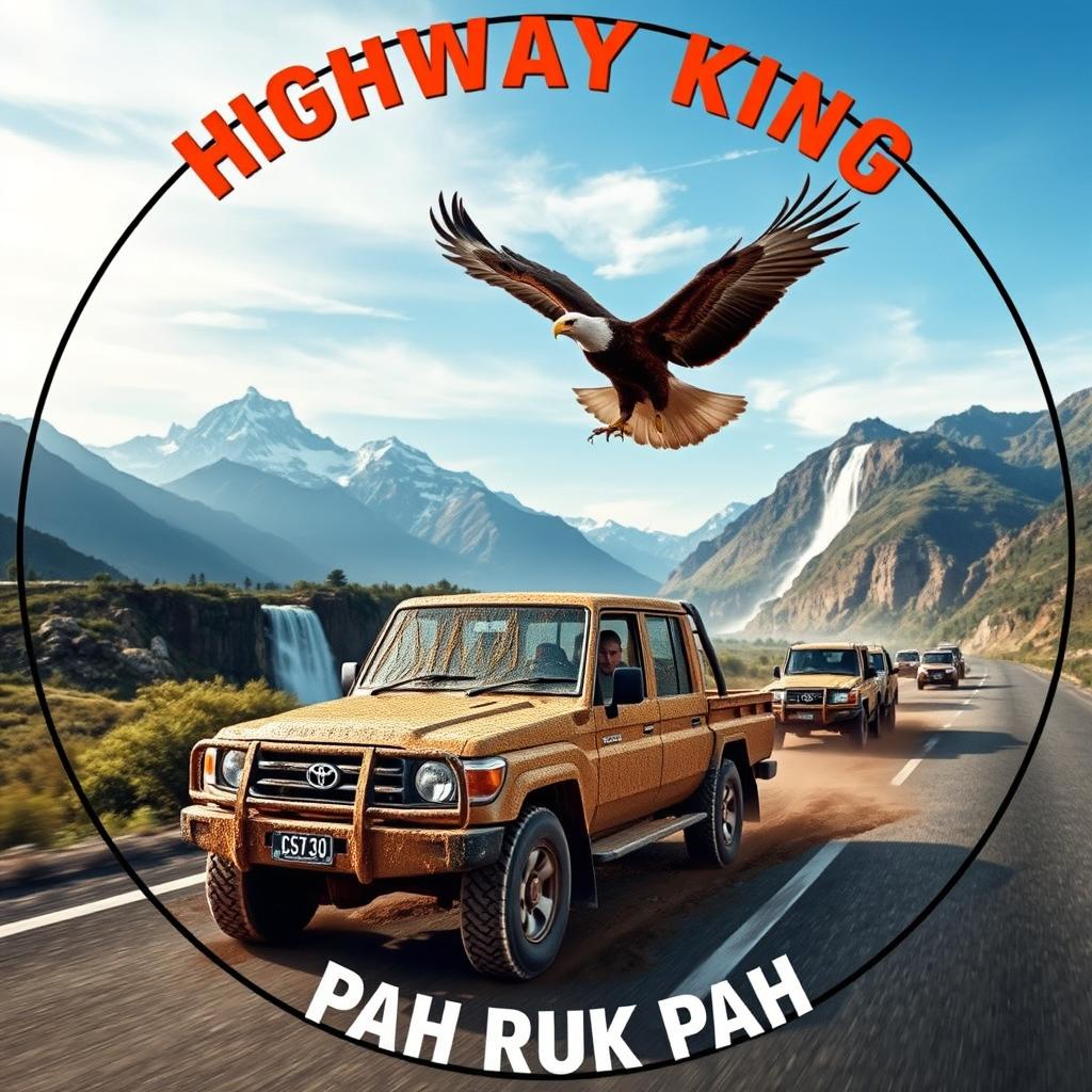 A circular image of a double cab Toyota Land Cruiser 4WD 75 series covered in mud, driving on a highway as part of a convoy