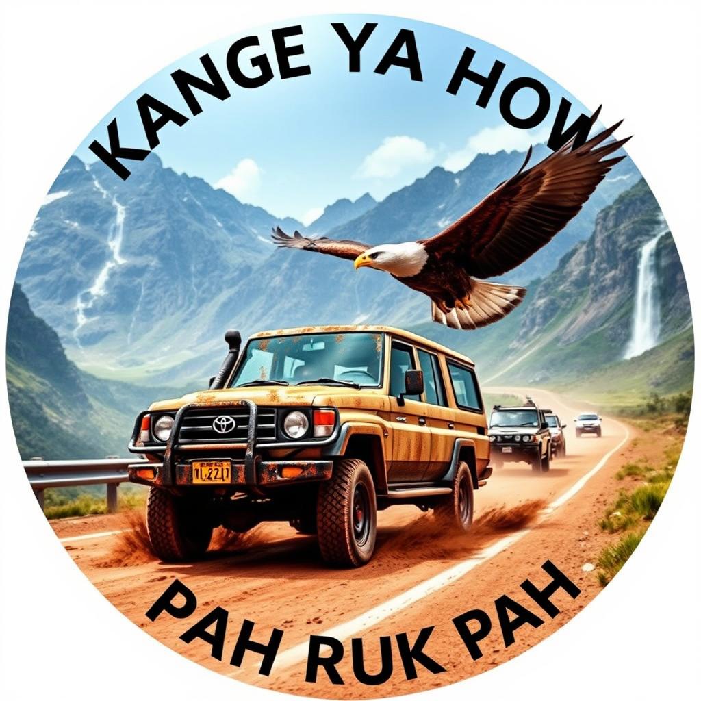 A stunning circular image depicting a double cab Toyota Land Cruiser 4WD 75 series, covered in mud, driving on a highway within a convoy