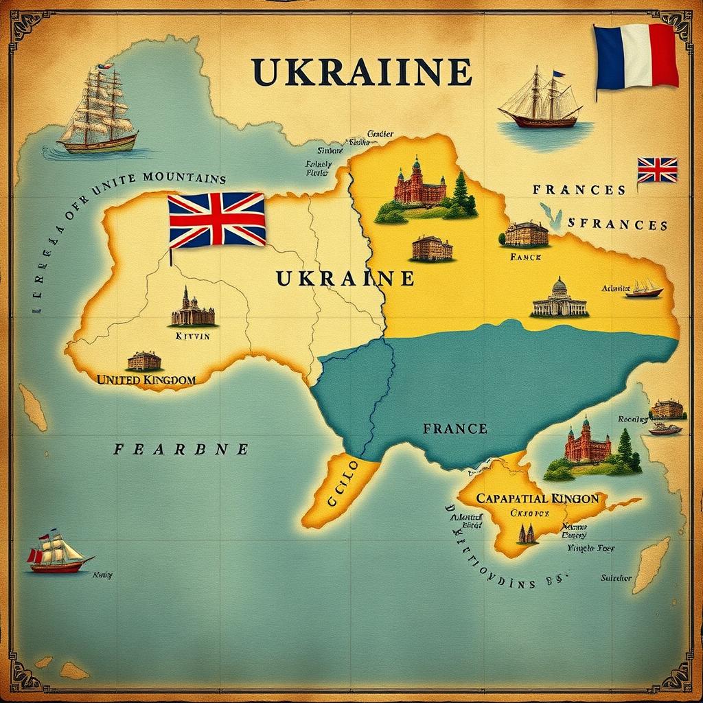 A historical alternate reality map illustrating Ukraine as a colony of both the United Kingdom and France