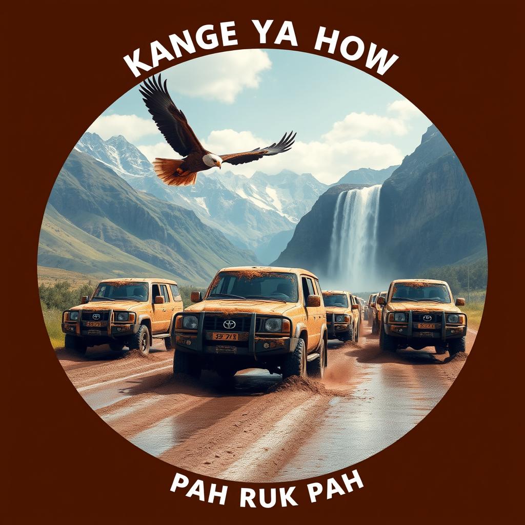 A dynamic scene featuring a convoy of double cab Land Cruiser 4WD 75 series Toyota vehicles covered in mud, driving along a highway